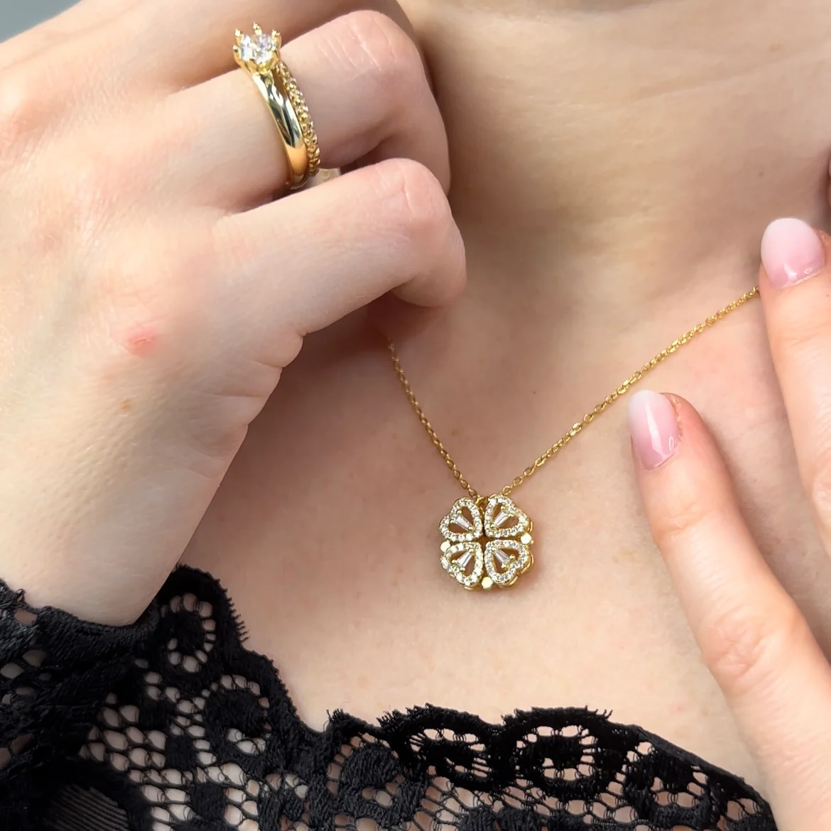 Necklace with clover & heart pendant gold-ice (925 silver) - Image 3